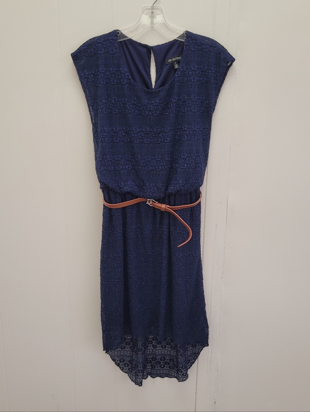 Jodi Kristopher Open Knit High-Low Dress with Brown Belt